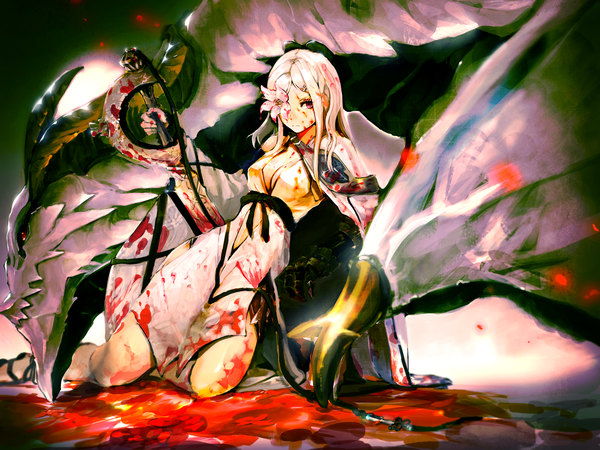 Anime picture 1500x1125 with so-bin single long hair white hair pink eyes horn (horns) girl dress flower (flowers) weapon sword blood dragon monster