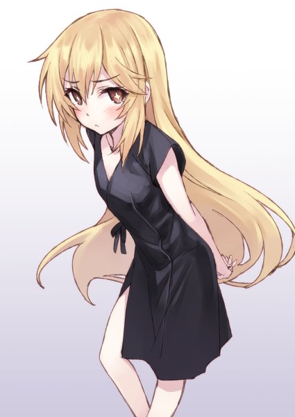 Anime picture 850x1200 with to aru kagaku no railgun j.c. staff shokuhou misaki matsuryuu single long hair tall image looking at viewer blush blonde hair simple background brown eyes hands behind back hands clasped + + girl dress black dress sundress