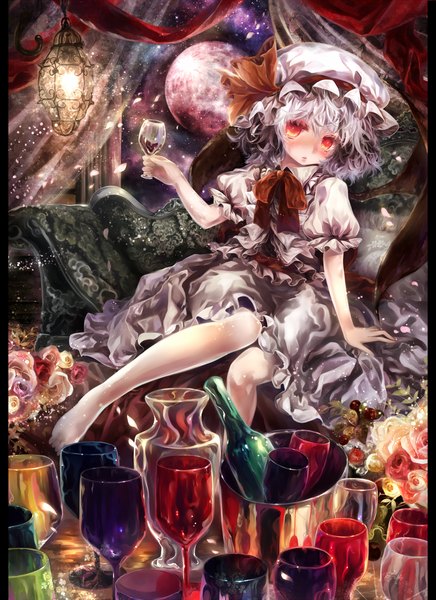 Anime picture 1000x1376 with touhou remilia scarlet torino aqua single tall image blush short hair red eyes sitting white hair barefoot bat wings girl dress flower (flowers) petals curtains bonnet couch full moon