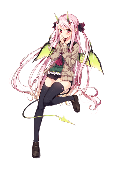 Anime picture 2591x3624 with original shiiha (sakuragi ren) sakuragi ren single tall image looking at viewer blush fringe highres open mouth standing holding payot pink hair full body bent knee (knees) tail very long hair pink eyes horn (horns)