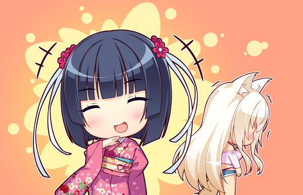 Anime picture 1580x1020 with neko paradise neko works (studio) coconut (sayori) minazuki shigure sayori long hair blush fringe short hair open mouth black hair blonde hair smile multiple girls animal ears game cg tail blunt bangs eyes closed traditional clothes