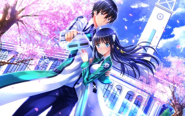 Anime picture 1680x1050 with mahouka koukou no rettousei shiba miyuki shiba tatsuya swordsouls long hair looking at viewer blush fringe breasts blue eyes smile standing holding blue hair sky cloud (clouds) fingernails light smile wind cherry blossoms