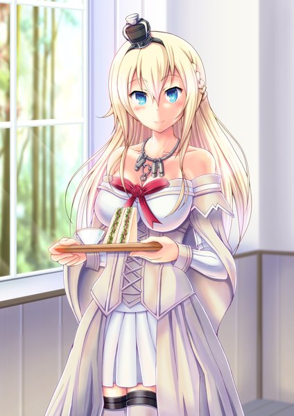 Anime picture 1447x2047 with kantai collection warspite (kantai collection) zangaku single long hair tall image looking at viewer blush blue eyes bare shoulders white hair girl dress food white dress crown