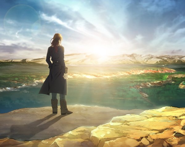 Anime picture 2048x1624 with dramatical murder nitro+chiral mink (dmmd) honya lala single highres short hair brown hair sky cloud (clouds) from behind official art shadow back mountain morning sunrise panorama boy boots
