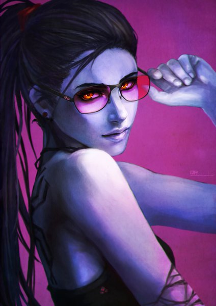 Anime picture 2480x3508 with overwatch blizzard entertainment widowmaker (overwatch) monori rogue long hair tall image looking at viewer highres black hair bare shoulders upper body ponytail arm up realistic orange eyes tattoo lipstick turning head halterneck purple background