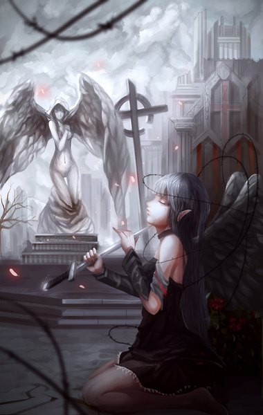 Anime picture 2500x3938 with original baka (mh6516620) long hair tall image highres bare shoulders silver hair eyes closed pointy ears girl dress flower (flowers) weapon wings cross dagger statue