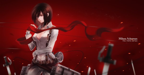 Anime picture 2256x1184 with shingeki no kyojin production i.g mikasa ackerman tpip (aixuan) single highres short hair black hair wide image brown eyes looking away red background partially open clothes girl weapon shirt sword scarf red scarf