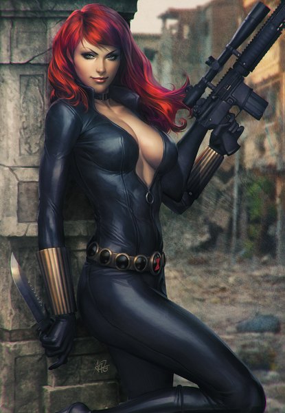 Anime picture 831x1200 with marvel comics avengers natasha romanoff artgerm (stanley lau) single long hair tall image fringe breasts blue eyes light erotic smile standing holding signed looking away cleavage bent knee (knees) red hair realistic