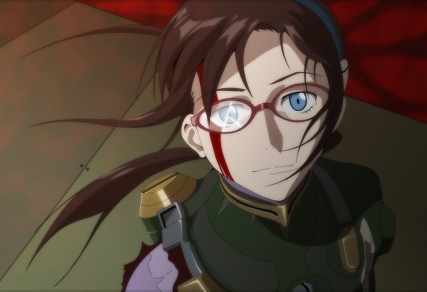 Anime picture 1200x821 with neon genesis evangelion gainax makinami mari illustrious shigarami kyouma single long hair looking at viewer fringe blue eyes brown hair wide image upper body light smile from above wind torn clothes blood on face cropped broken glass crack