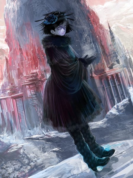 Anime picture 1200x1600 with original diolemonde single tall image short hair black hair purple eyes sky cloud (clouds) hair flower lips city snow cityscape mountain landscape face paint + + girl gloves