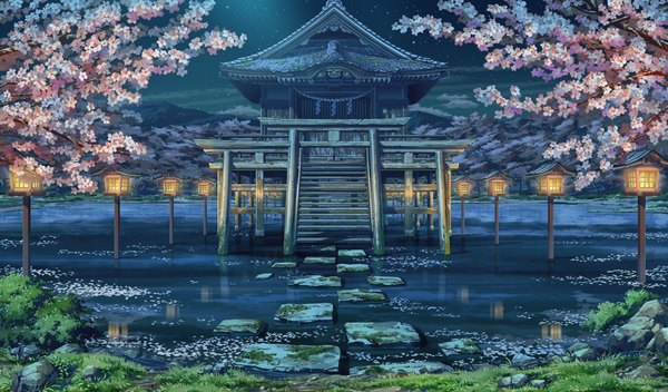 Anime picture 1360x800 with shoujo shin'iki wide image game cg night cherry blossoms no people landscape plant (plants) petals tree (trees) water lamp shrine