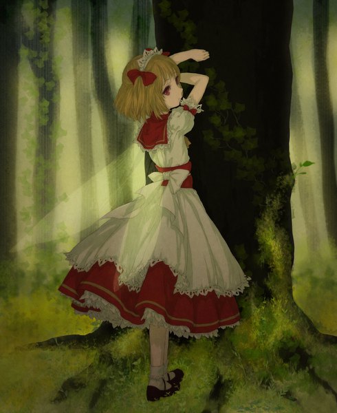 Anime picture 980x1200 with touhou sunny milk egawa satsuki single tall image short hair blonde hair red eyes standing looking away full body two side up sailor collar girl dress bow plant (plants) hair bow wings tree (trees)