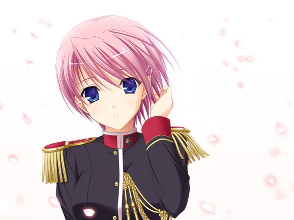 Anime picture 1600x1200 with walkure romanze kisaki mio komori kei short hair blue eyes pink hair game cg girl uniform military uniform