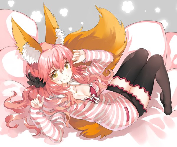 Anime picture 900x746 with fate (series) fate/extra tamamo (fate) (all) tamamo no mae (fate) shiosoda single long hair looking at viewer blush fringe light erotic smile hair between eyes animal ears yellow eyes pink hair cleavage tail animal tail fox ears