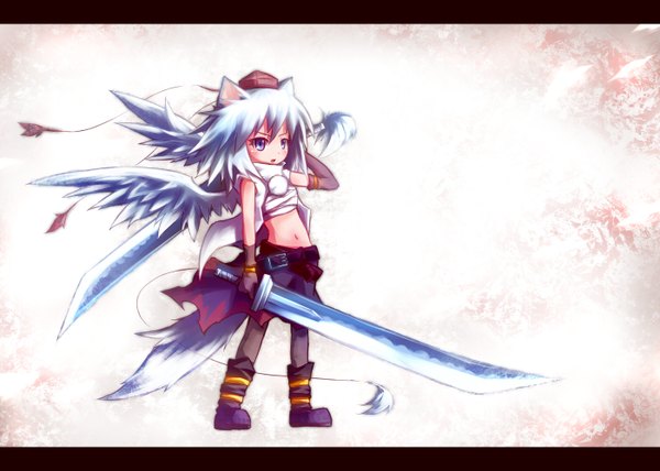 Anime picture 1400x1000 with touhou inubashiri momiji short hair white hair tail wolf girl girl sword wings