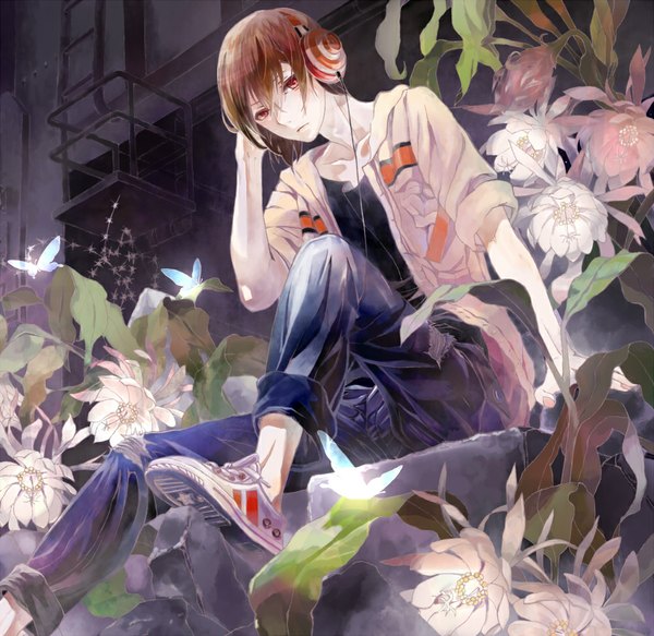 Anime picture 1000x972 with nico nico singer nano (singer) kibi (pixiv298748) single looking at viewer short hair red eyes brown hair sitting torn clothes hand on head twisty sleeves flower (flowers) shoes headphones insect butterfly sneakers jeans