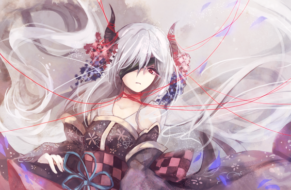 Anime picture 2300x1500 with original nyanfood single looking at viewer fringe highres red eyes silver hair very long hair traditional clothes japanese clothes horn (horns) wide sleeves glowing glowing eye (eyes) girl hair ornament petals kimono obi