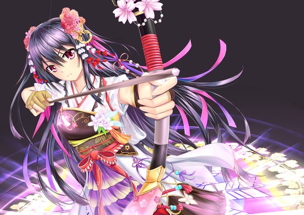 Anime picture 3507x2479 with shironeko project kasumi (shironeko project) muwa12 single long hair fringe highres hair between eyes red eyes holding absurdres purple hair head tilt magic serious girl gloves flower (flowers) ribbon (ribbons) weapon