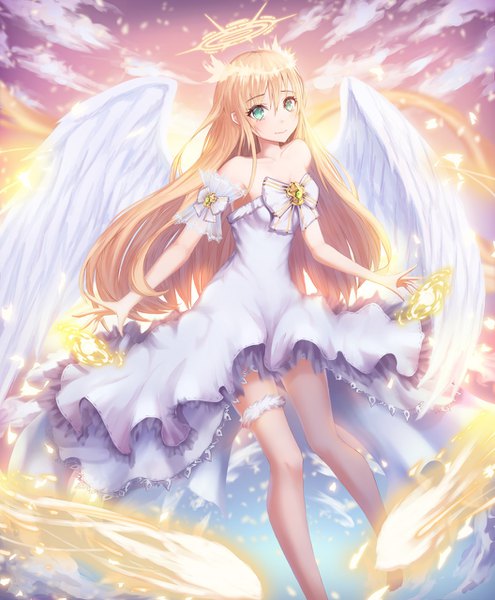 Anime picture 1056x1280 with original h2o (dfo) single long hair tall image looking at viewer fringe blonde hair hair between eyes bare shoulders green eyes sky cloud (clouds) light smile bare legs magic angel wings white wings girl dress