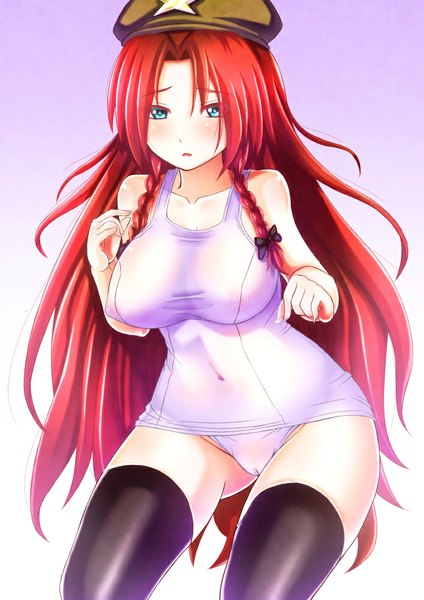 Anime picture 707x1000 with touhou hong meiling ebi 193 single long hair tall image looking at viewer blush breasts blue eyes light erotic simple background large breasts red hair girl thighhighs black thighhighs swimsuit headdress one-piece swimsuit