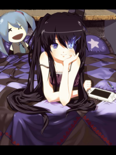 Anime picture 1800x2400 with black rock shooter black rock shooter (character) cg~~lolita single long hair tall image blush highres blue eyes black hair twintails glowing glowing eye (eyes) girl bed psp