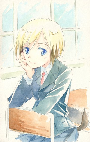 Anime picture 507x800 with strike witches erica hartmann agahari single tall image looking at viewer short hair blue eyes blonde hair smile sitting animal ears tail animal tail arm support traditional media dog ears watercolor (medium) dog tail dog girl
