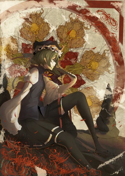 Anime picture 868x1226 with touhou shikieiki yamaxanadu yugeoryouki single tall image short hair sitting green eyes profile green hair girl thighhighs flower (flowers) black thighhighs hat higanbana rod of remorse