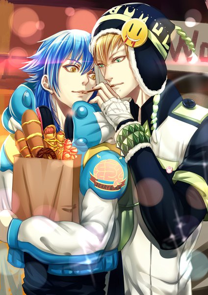 Anime picture 1240x1753 with dramatical murder nitro+chiral aoba (dmmd) noiz (dmmd) kitsune (pixiv5601263) long hair tall image fringe short hair blonde hair hair between eyes green eyes yellow eyes blue hair multiple boys piercing eating shounen ai pocky kiss boy