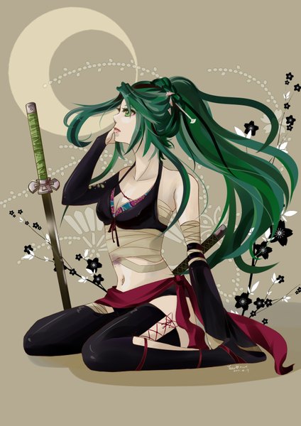 Anime picture 2480x3507 with vocaloid knife (vocaloid) hatsune miku teto-shia923 (artist) long hair tall image highres green eyes ponytail green hair girl sword