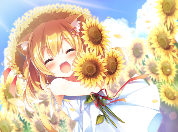 Anime picture 800x594 with original amamine single long hair blush open mouth blonde hair bare shoulders animal ears sky cloud (clouds) tail eyes closed animal tail cat ears cat girl cat tail fang (fangs) happy ^ ^