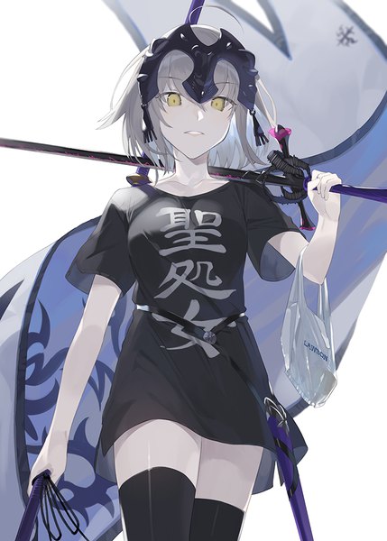 Anime picture 715x1000 with fate (series) fate/grand order fate/apocrypha lawson jeanne d'arc (fate) (all) jeanne d'arc alter (fate) hayashi kewi single tall image looking at viewer short hair simple background white background holding yellow eyes ahoge parted lips grey hair blurry clothes writing