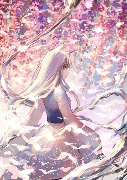 Anime picture 1680x2376 with original pixiv fantasia pixiv fantasia t sishenfan single long hair tall image looking at viewer fringe blue eyes smile standing holding animal ears white hair long sleeves traditional clothes japanese clothes profile looking back
