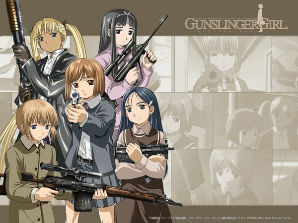 Anime picture 1024x768 with gunslinger girl madhouse triela henrietta (gunslinger girl) rico claes angelica long hair looking at viewer short hair black hair blonde hair brown hair twintails multiple girls brown eyes blue hair looking away wallpaper copyright name