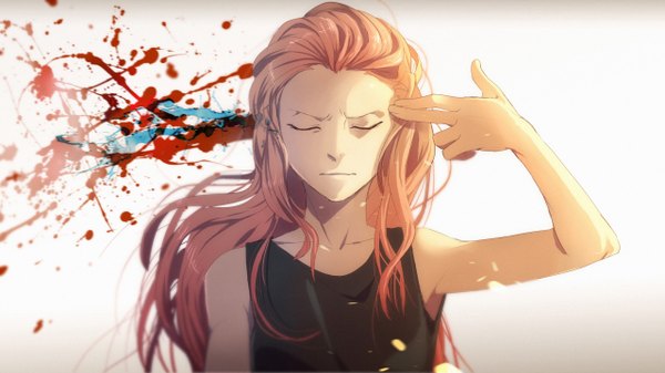 Anime picture 1280x720 with original omar enm single long hair simple background wide image eyes closed blurry orange hair arms up wallpaper light frown finger gun girl blood wall tank top