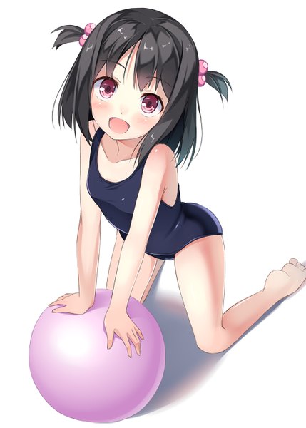 Anime picture 1000x1399 with original kinta (distortion) tall image blush short hair open mouth light erotic black hair simple background red eyes white background barefoot from above loli two side up girl swimsuit ball hair bobbles