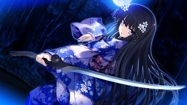 Anime picture 1280x720 with koiken otome minato shiho single long hair black hair wide image purple eyes game cg traditional clothes japanese clothes hair flower night girl hair ornament flower (flowers) kimono moon