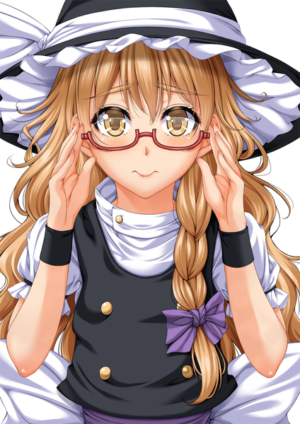 Anime picture 744x1052 with touhou kirisame marisa chiro (pixiv) single long hair tall image looking at viewer blush brown hair brown eyes upper body braid (braids) embarrassed single braid adjusting glasses bespectacled girl dress bow hair bow