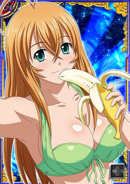 Anime picture 567x800 with ikkitousen sonsaku hakufu single long hair tall image looking at viewer blush fringe breasts light erotic smile hair between eyes large breasts holding payot ahoge aqua eyes sparkle armpit (armpits) card (medium)