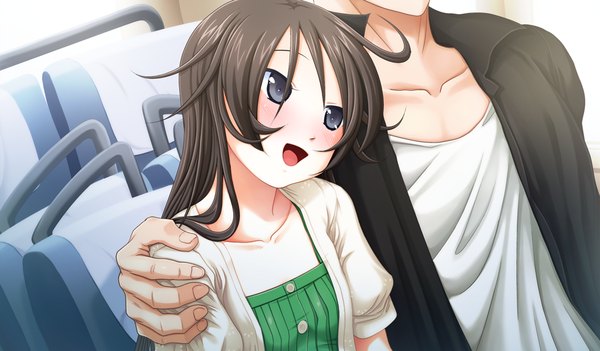 Anime picture 1024x600 with kono sekai no mukou de long hair blush open mouth black hair wide image game cg black eyes girl boy