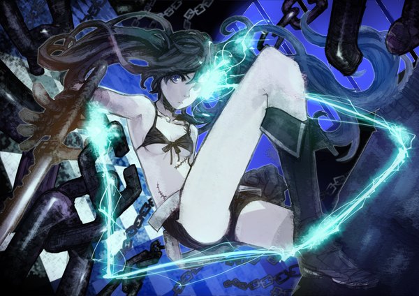 Anime picture 4093x2894 with black rock shooter black rock shooter (character) stregoicavar long hair highres breasts blue eyes twintails bare shoulders absurdres from below armpit (armpits) underboob glowing scar glowing eye (eyes) leg lift (legs lift) weapon sword shorts