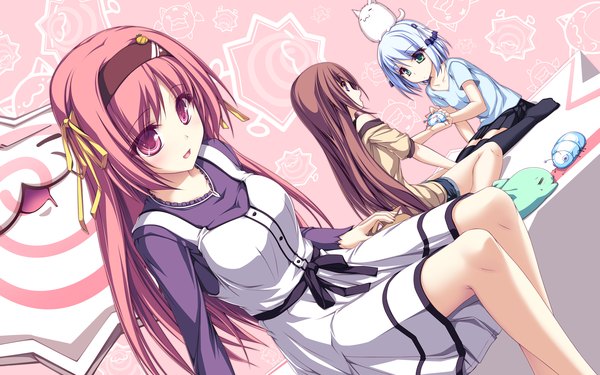Anime picture 2560x1600 with tenmaso long hair highres short hair open mouth brown hair wide image sitting multiple girls green eyes blue hair pink hair pink eyes girl thighhighs dress black thighhighs animal hairband 3 girls