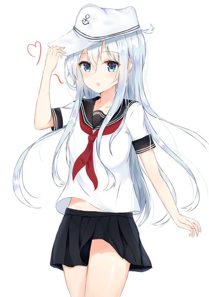 Anime picture 2480x3507 with kantai collection hibiki destroyer verniy destroyer xiao ren shi wo de wa single long hair tall image fringe highres open mouth blue eyes simple background hair between eyes white background looking away silver hair pleated skirt walking adjusting hat girl