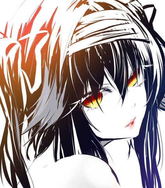 Anime picture 875x1000 with original soya (torga) single long hair tall image looking at viewer fringe black hair simple background hair between eyes white background twintails bare shoulders brown eyes upper body parted lips looking back fang (fangs) lipstick monochrome