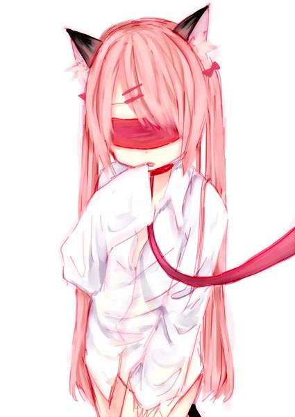 Anime picture 770x1086 with original nachi single long hair tall image fringe open mouth light erotic white background animal ears pink hair braid (braids) long sleeves cat ears open clothes wide sleeves no bra bare legs open shirt blindfold