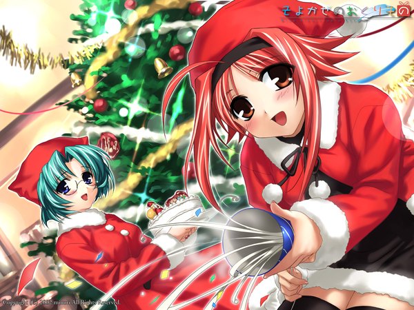 Anime picture 1280x960 with wind a breath of heart okano hinata fujimiya wakaba looking at viewer short hair open mouth blue eyes red eyes multiple girls brown eyes ahoge aqua hair wallpaper fur trim christmas girl thighhighs black thighhighs 2 girls hat