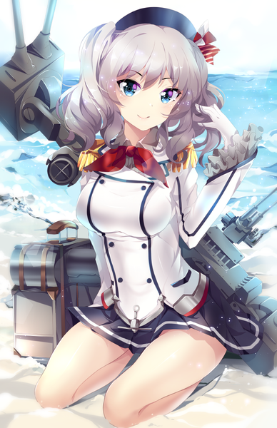 Anime picture 776x1200 with kantai collection kashima training cruiser squchan single long hair tall image looking at viewer blush fringe breasts blue eyes smile hair between eyes sitting twintails sky silver hair bent knee (knees) outdoors long sleeves