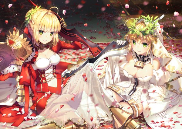 Anime picture 1358x960 with fate (series) fate/extra fate/extra ccc nero claudius (fate) (all) nero claudius (fate) nero claudius (bride) (fate) rosuuri looking at viewer fringe short hair breasts light erotic blonde hair smile sitting bare shoulders multiple girls green eyes signed cleavage