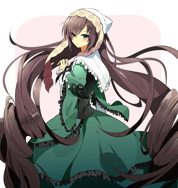 Anime picture 1000x1057 with rozen maiden suiseiseki mizuki (pixiv 2640285) single tall image looking at viewer blush simple background red eyes brown hair green eyes very long hair heterochromia drill hair lolita fashion girl dress ribbon (ribbons) frills headdress