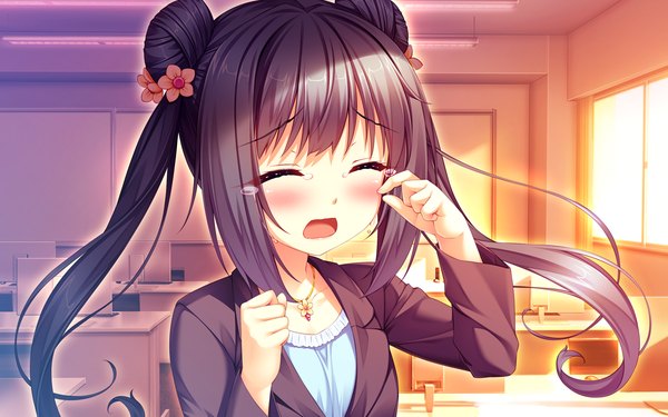 Anime picture 1280x800 with boku to koi suru ponkotsu akuma. sayori single long hair blush open mouth black hair game cg eyes closed hair bun (hair buns) tears crying classroom girl hair ornament