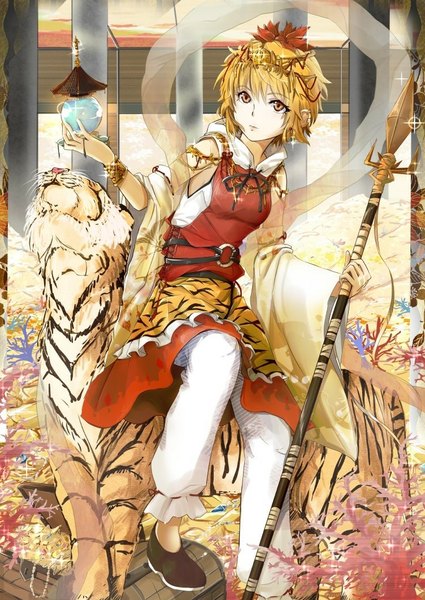 Anime picture 752x1062 with touhou toramaru shou cibo (killy) single tall image short hair blonde hair yellow eyes looking away girl hair ornament weapon detached sleeves animal bracelet jewelry staff lantern spear tiger